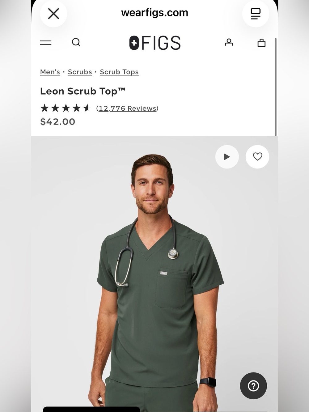 NWT FIGS Leon Three-Pocket Scrub Top Moss Men’s Large
